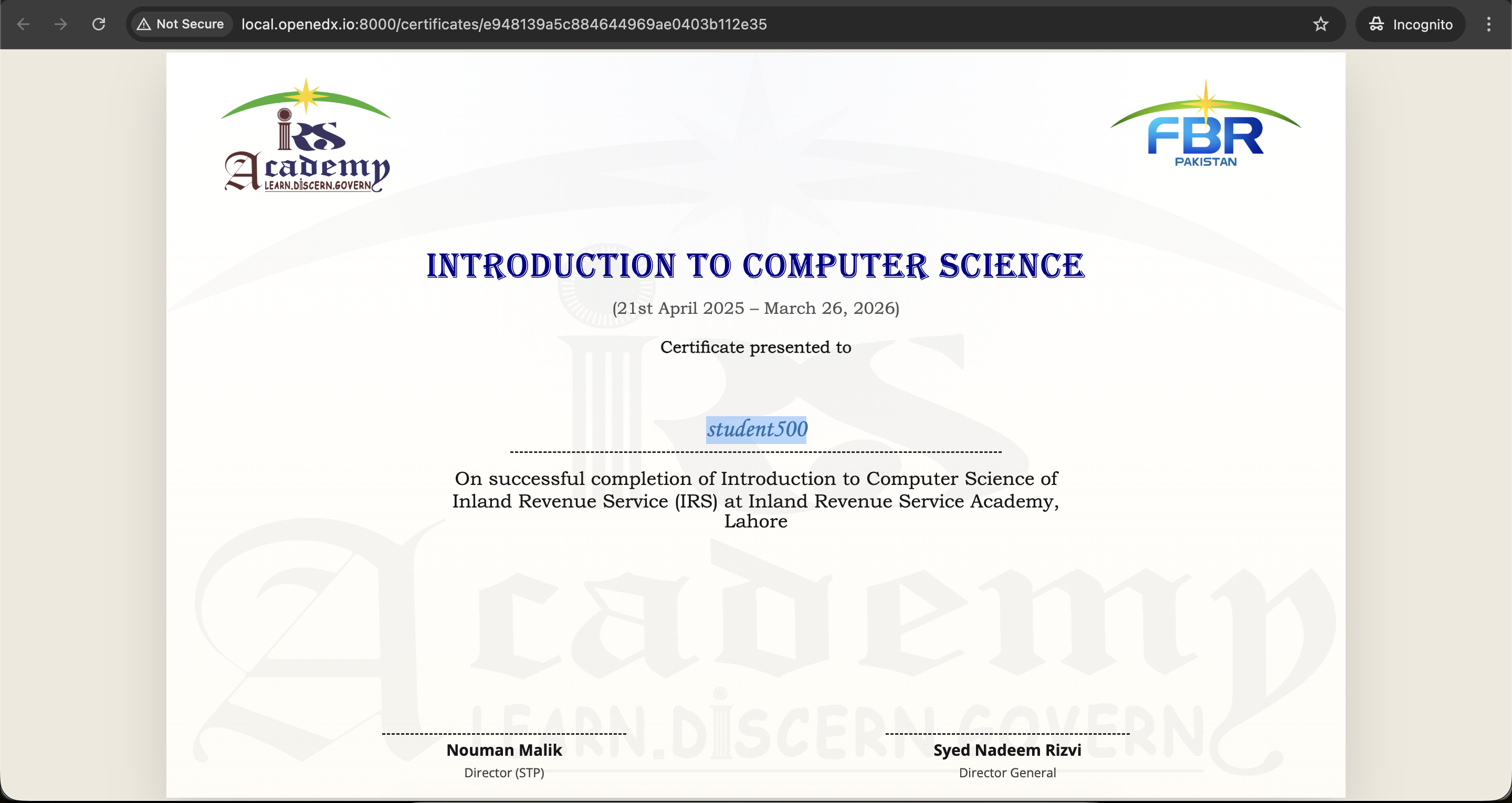 certificate testing course CS101